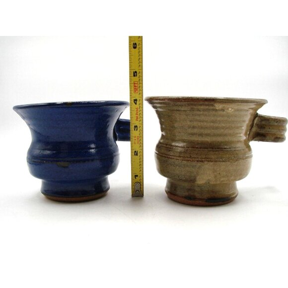Two Vintage Stoneware Mugs Cups Blue Brown Wide Mouth Reverse Handle Artist Sign - Picture 13 of 14